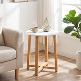 Round End Table with Faux Marble Top and Acacia Wood Legs-2/Legs-1 Pieces/piece
