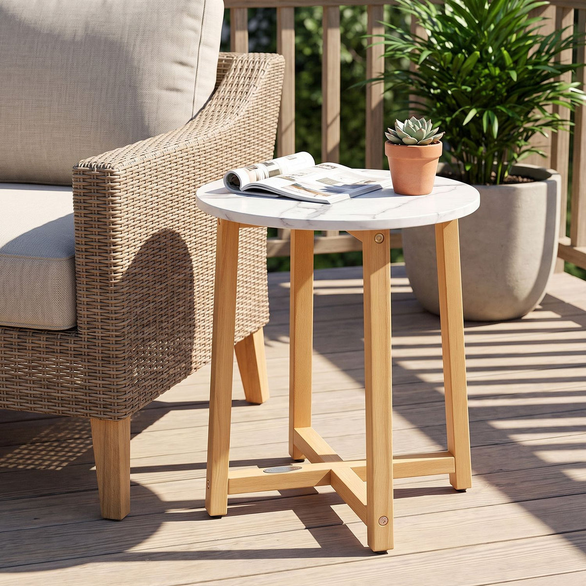 Round End Table with Faux Marble Top and Acacia Wood Legs-2/Legs-1 Pieces/piece
