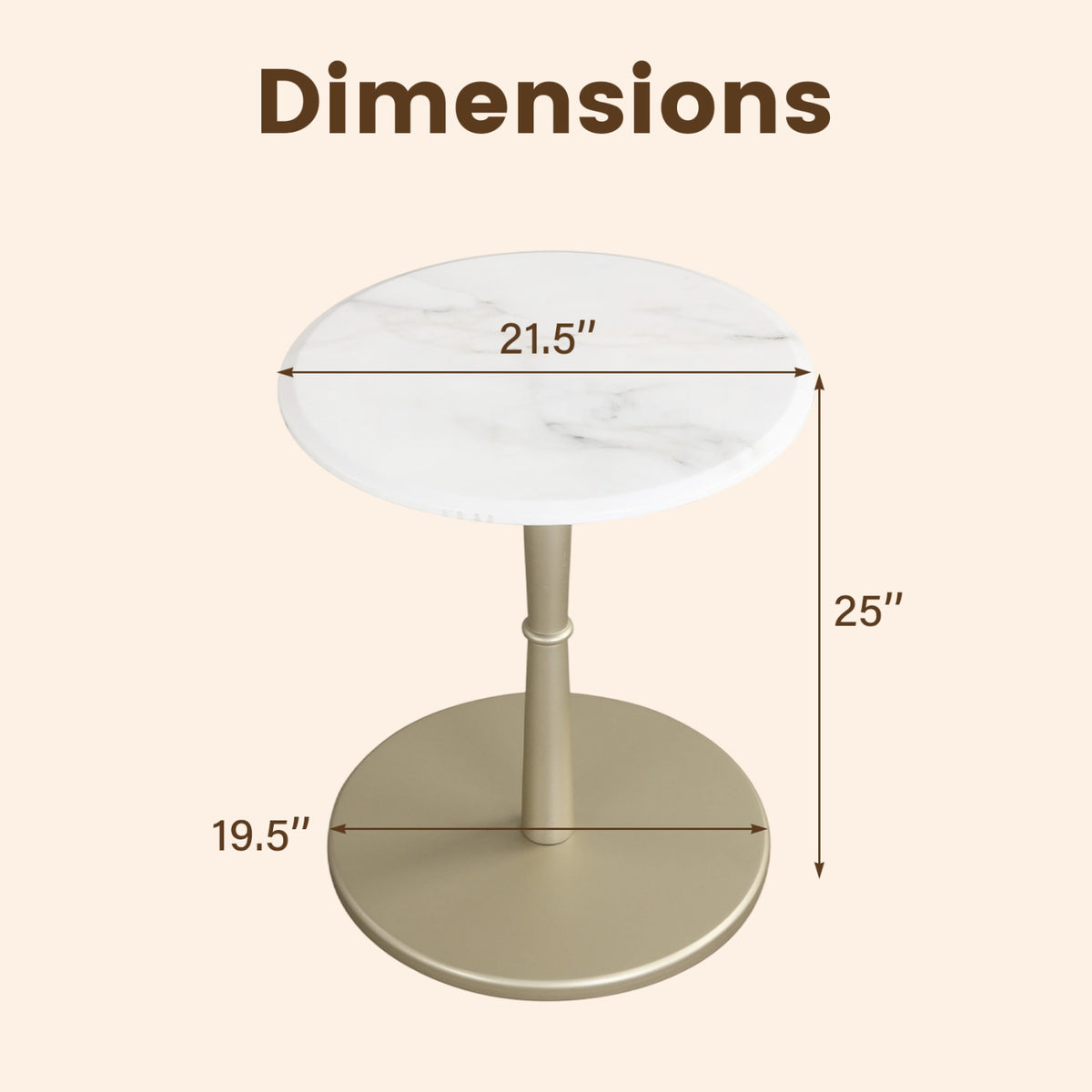 Round Marble Side Table with Stone Finish and Wooden Base for Small Spaces-White and Gold