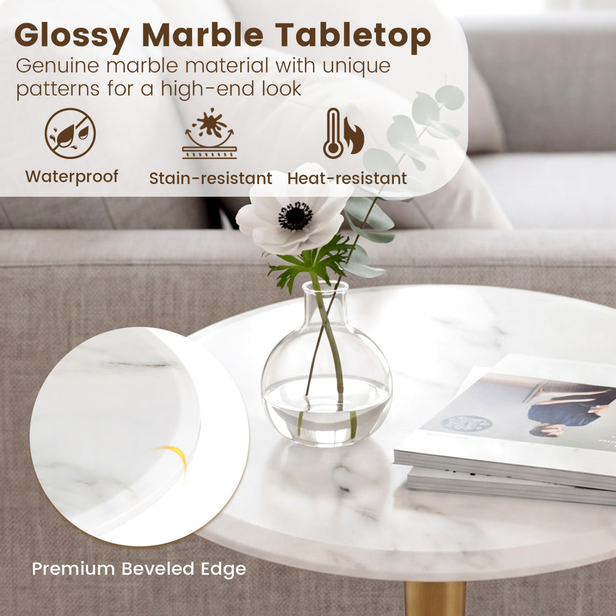 Round Marble Side Table with Stone Finish and Wooden Base for Small Spaces-White and Gold