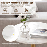 Round Marble Side Table with Stone Finish and Wooden Base for Small Spaces-White and Gold