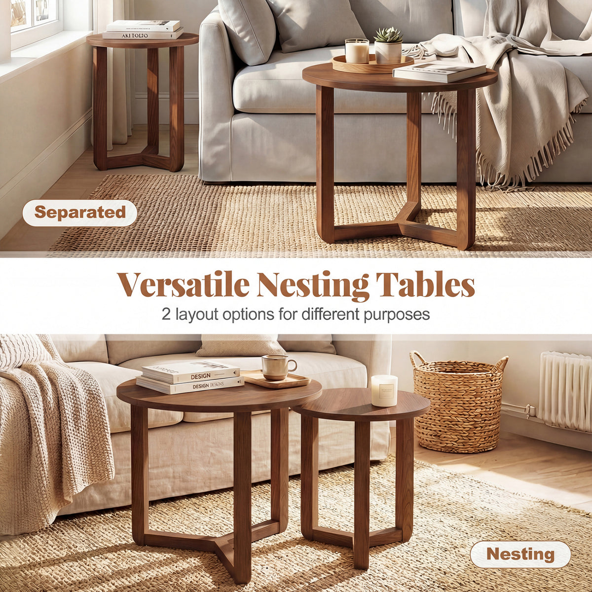 Round Nesting Coffee Table Set of 2 Wood Nesting End Tables with Thickened Top