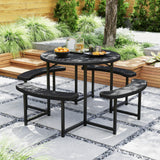 Round Picnic Table Bench Set with 4 Benches and Umbrella Hole for Patio Lawn