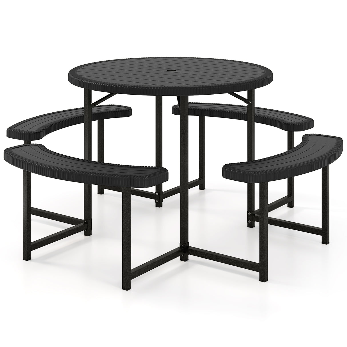 Round Picnic Table Bench Set with 4 Benches and Umbrella Hole for Patio Lawn