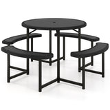 Round Picnic Table Bench Set with 4 Benches and Umbrella Hole for Patio Lawn