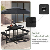 Round Picnic Table Bench Set with 4 Benches and Umbrella Hole for Patio Lawn