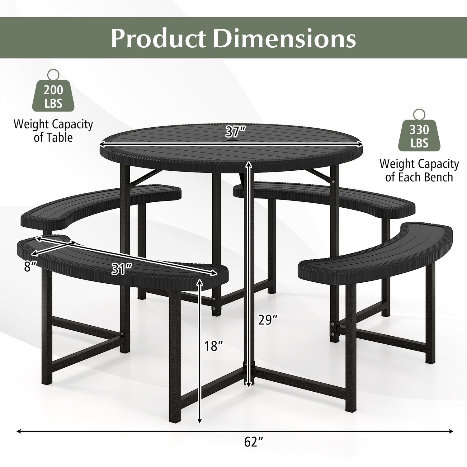 Round Picnic Table Bench Set with 4 Benches and Umbrella Hole for Patio Lawn