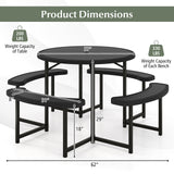Round Picnic Table Bench Set with 4 Benches and Umbrella Hole for Patio Lawn