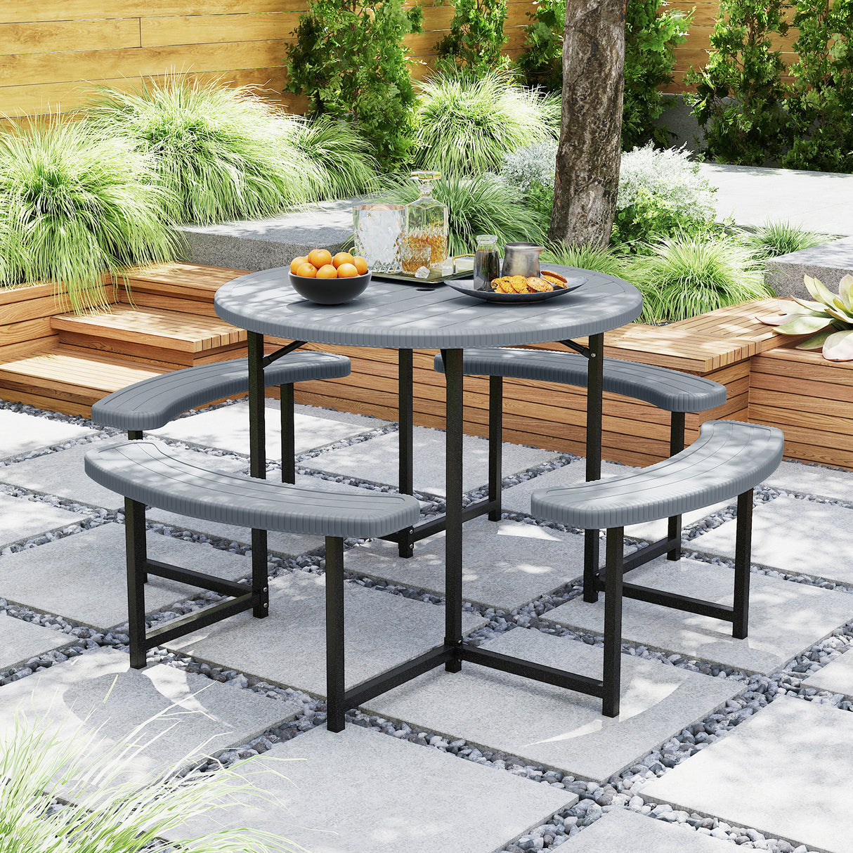 Round Picnic Table Bench Set with 4 Benches and Umbrella Hole for Patio Lawn