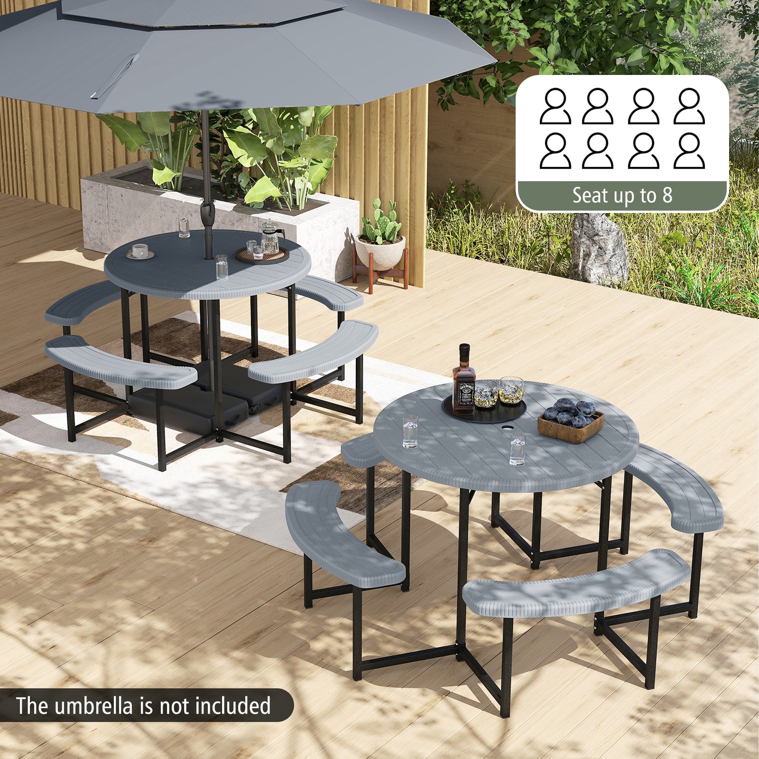 Round Picnic Table Bench Set with 4 Benches and Umbrella Hole for Patio Lawn