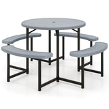 Round Picnic Table Bench Set with 4 Benches and Umbrella Hole for Patio Lawn