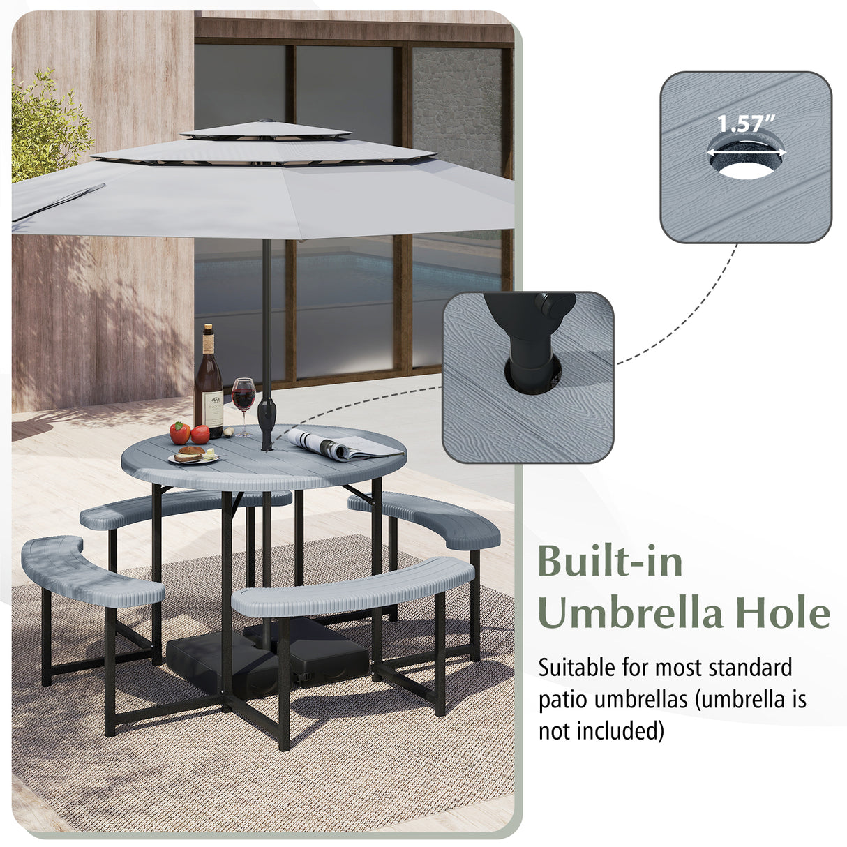 Round Picnic Table Bench Set with 4 Benches and Umbrella Hole for Patio Lawn