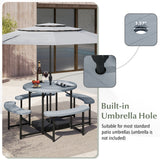 Round Picnic Table Bench Set with 4 Benches and Umbrella Hole for Patio Lawn