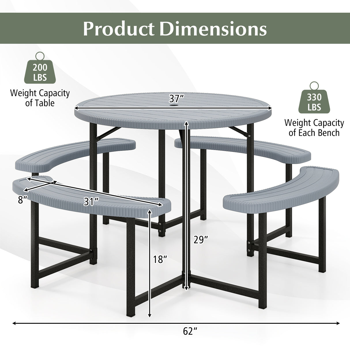 Round Picnic Table Bench Set with 4 Benches and Umbrella Hole for Patio Lawn