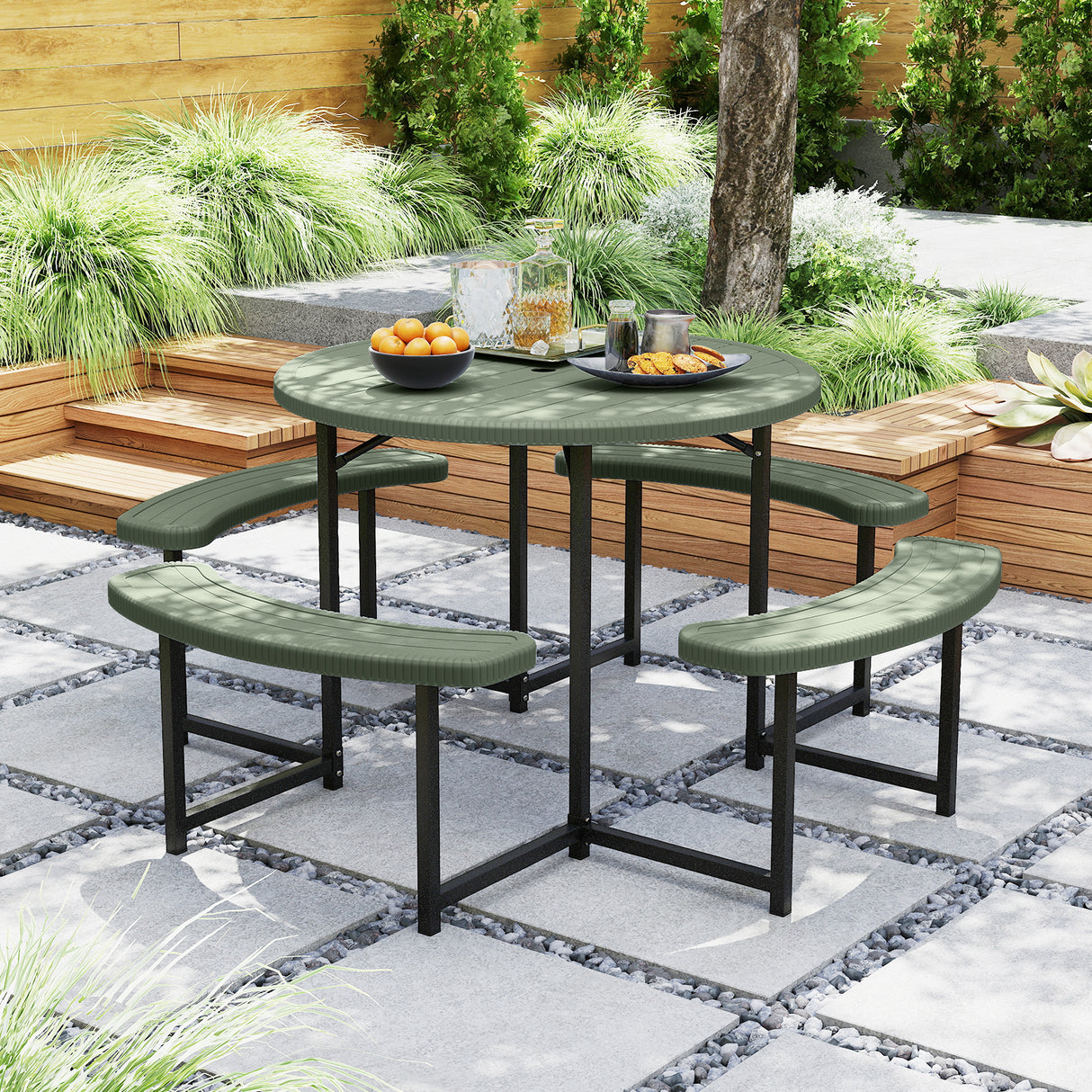 Round Picnic Table Bench Set with 4 Benches and Umbrella Hole for Patio Lawn
