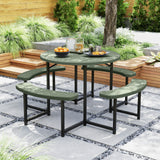 Round Picnic Table Bench Set with 4 Benches and Umbrella Hole for Patio Lawn