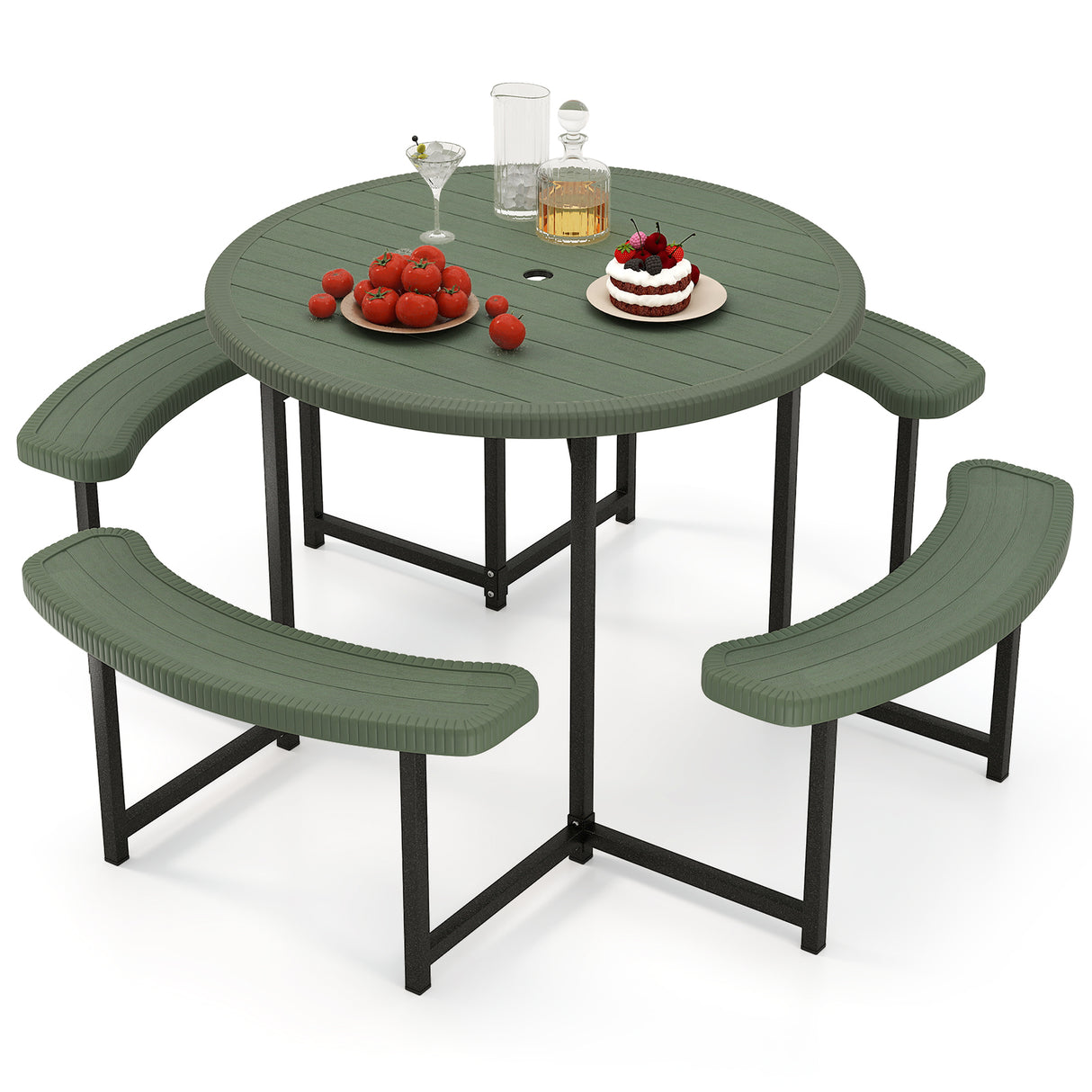 Round Picnic Table Bench Set with 4 Benches and Umbrella Hole for Patio Lawn
