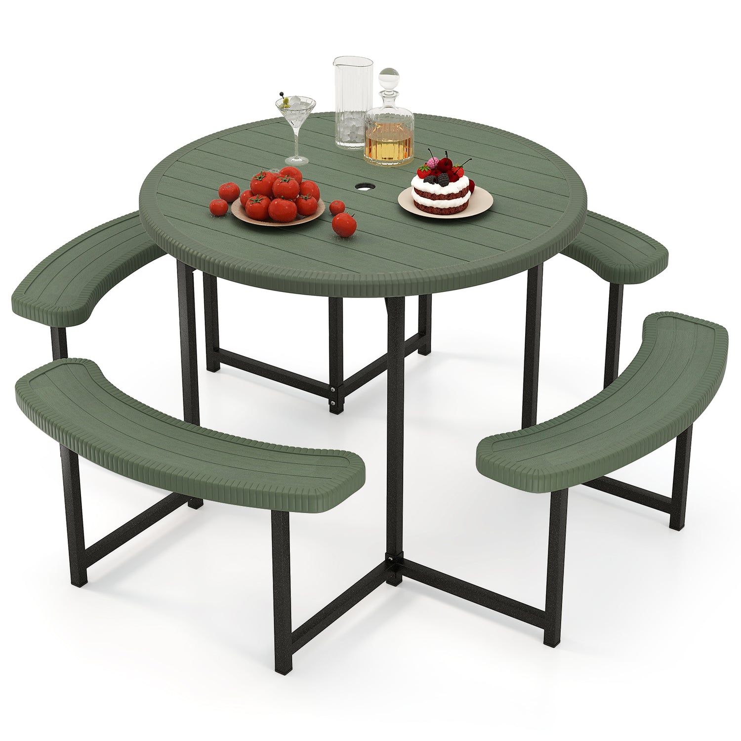Round Picnic Table Bench Set with 4 Benches and Umbrella Hole for Patio Lawn