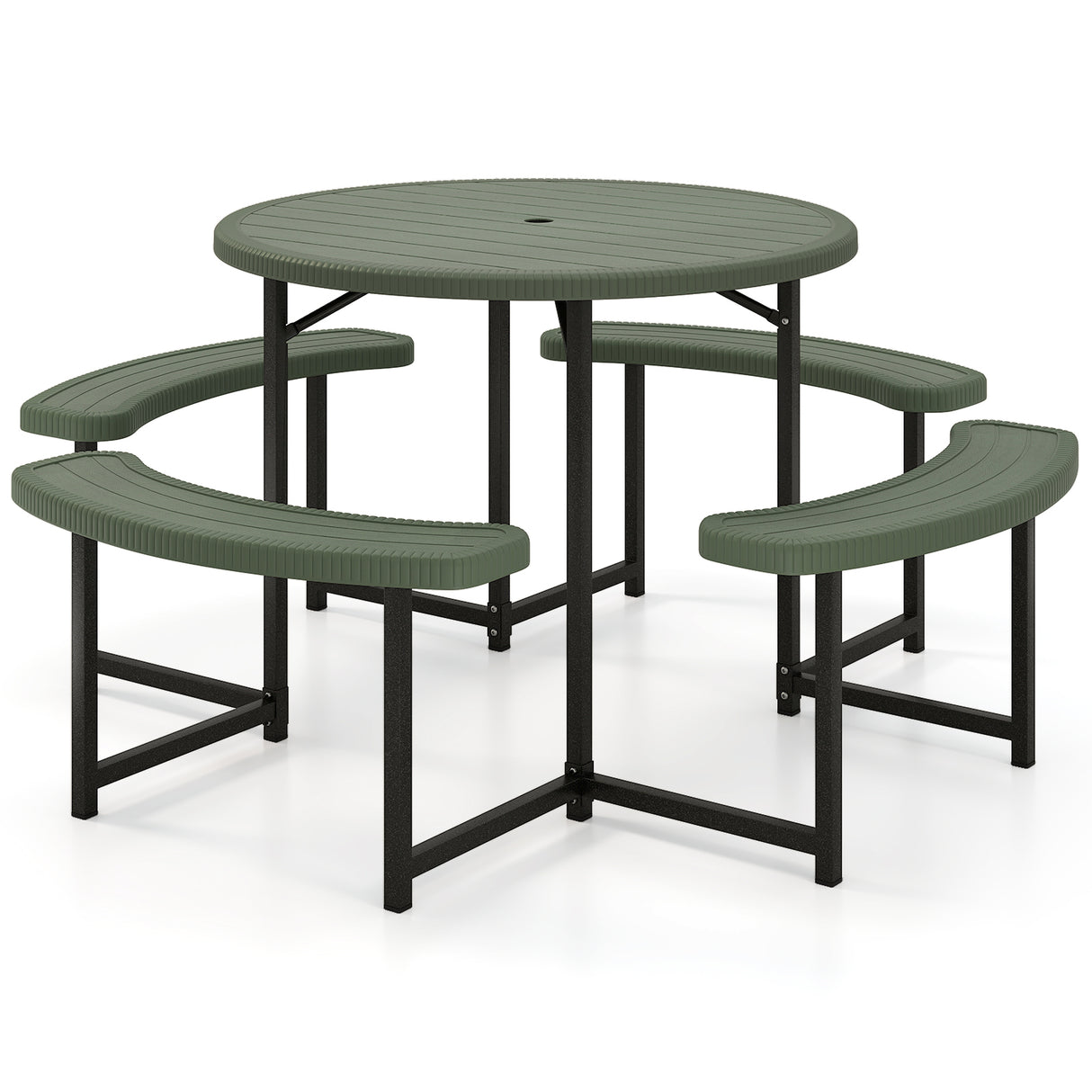 Round Picnic Table Bench Set with 4 Benches and Umbrella Hole for Patio Lawn