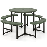 Round Picnic Table Bench Set with 4 Benches and Umbrella Hole for Patio Lawn