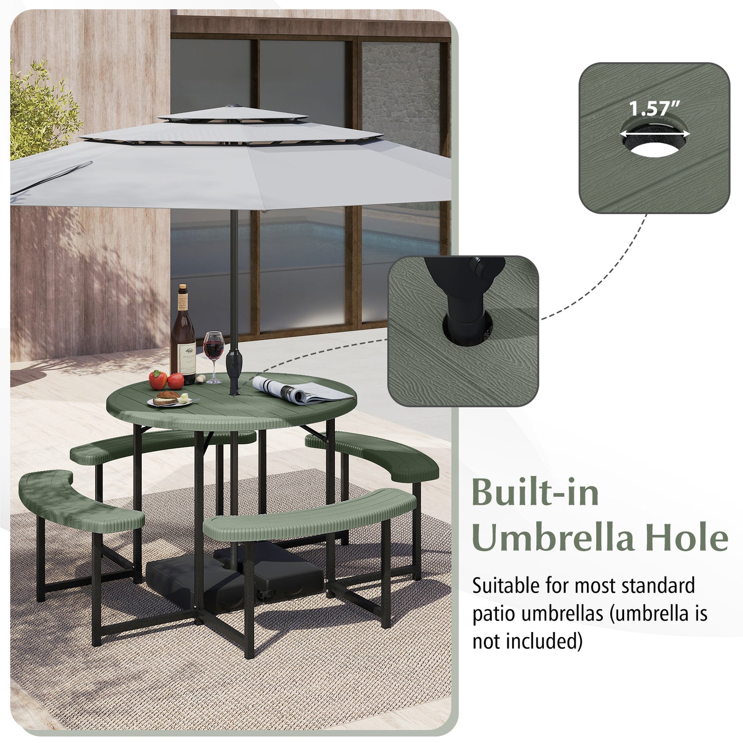 Round Picnic Table Bench Set with 4 Benches and Umbrella Hole for Patio Lawn