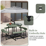 Round Picnic Table Bench Set with 4 Benches and Umbrella Hole for Patio Lawn