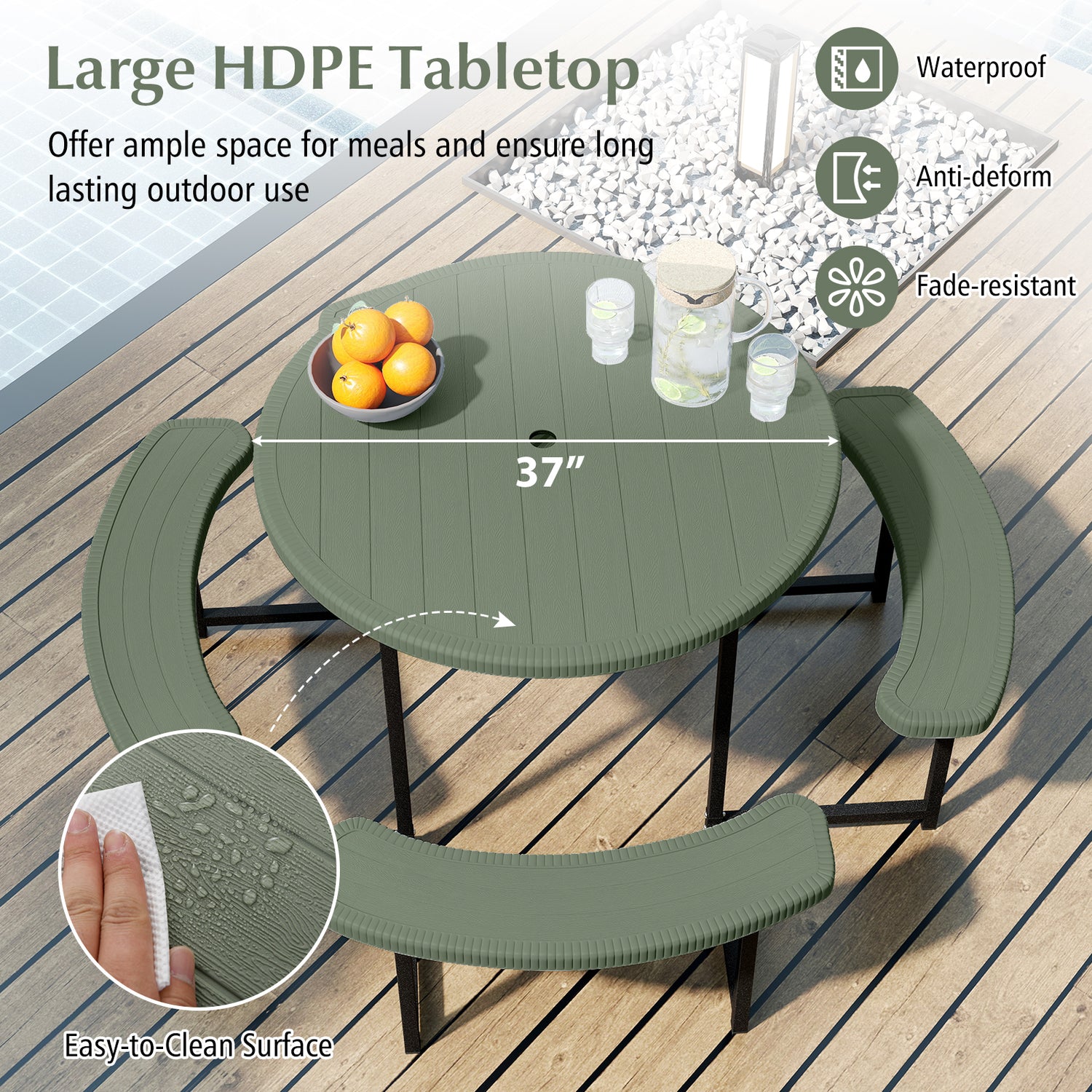 Round Picnic Table Bench Set with 4 Benches and Umbrella Hole for Patio Lawn
