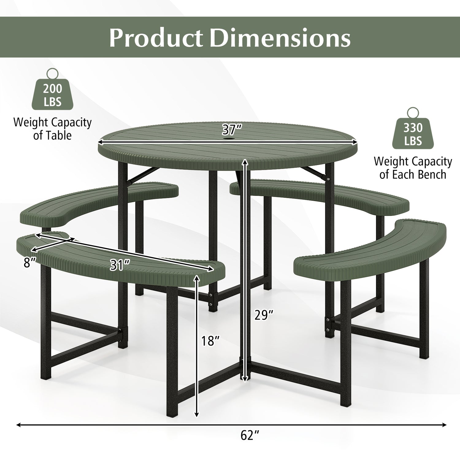 Round Picnic Table Bench Set with 4 Benches and Umbrella Hole for Patio Lawn