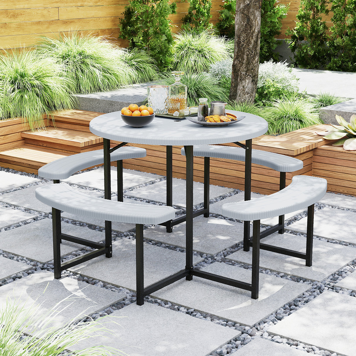 Round Picnic Table Bench Set with 4 Benches and Umbrella Hole for Patio Lawn