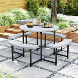 Round Picnic Table Bench Set with 4 Benches and Umbrella Hole for Patio Lawn