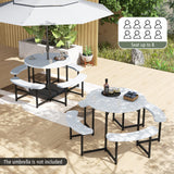 Round Picnic Table Bench Set with 4 Benches and Umbrella Hole for Patio Lawn