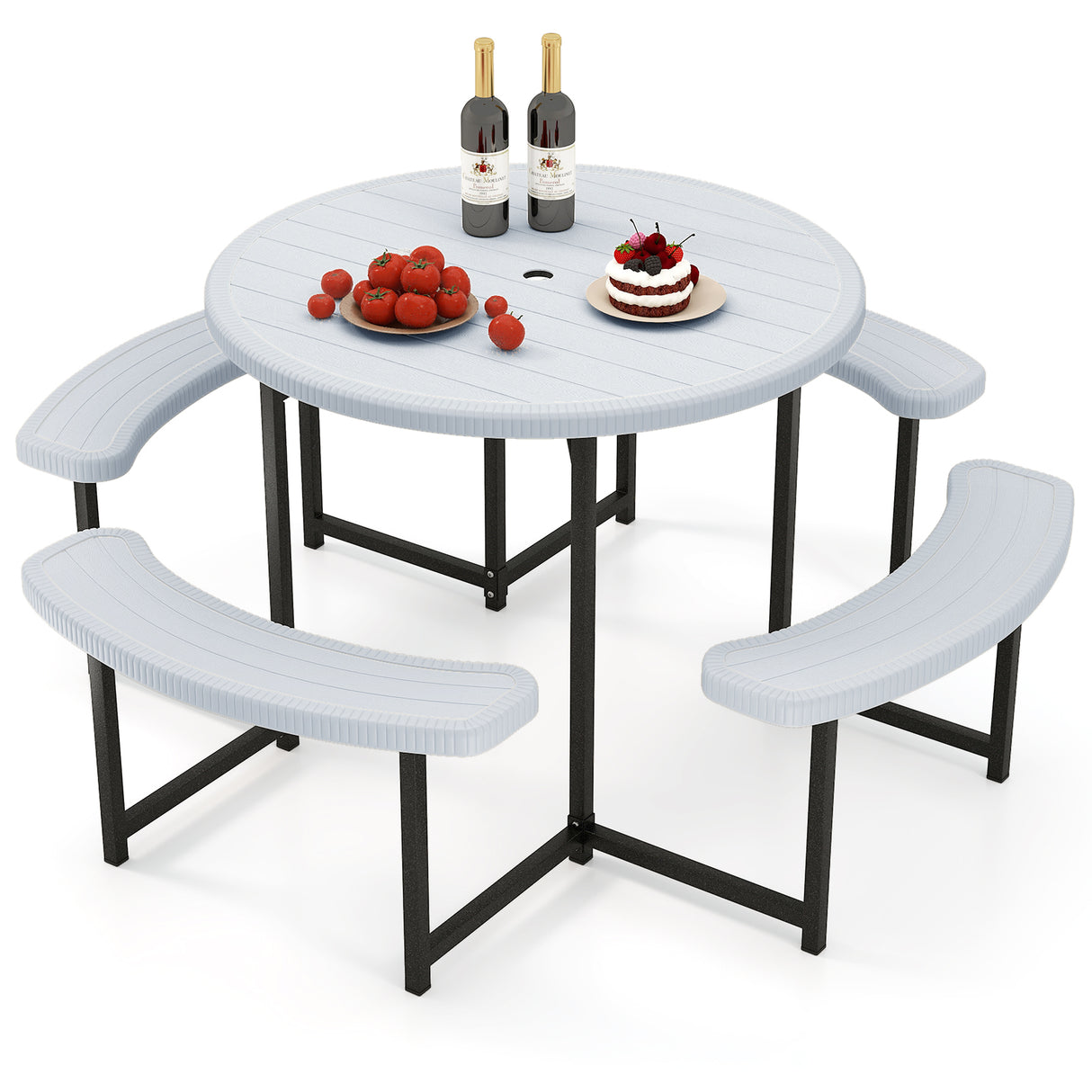 Round Picnic Table Bench Set with 4 Benches and Umbrella Hole for Patio Lawn