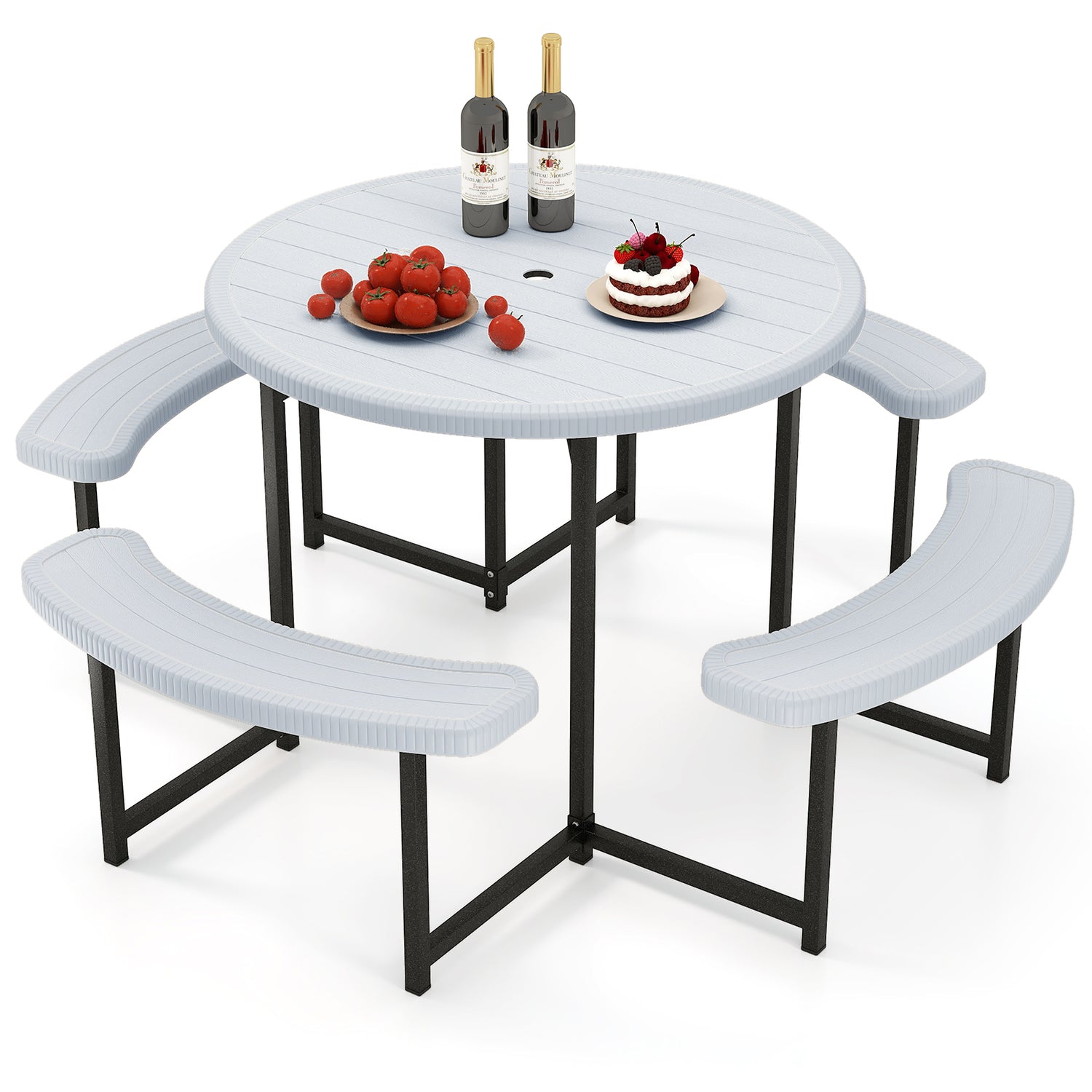 Round Picnic Table Bench Set with 4 Benches and Umbrella Hole for Patio Lawn