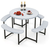 Round Picnic Table Bench Set with 4 Benches and Umbrella Hole for Patio Lawn