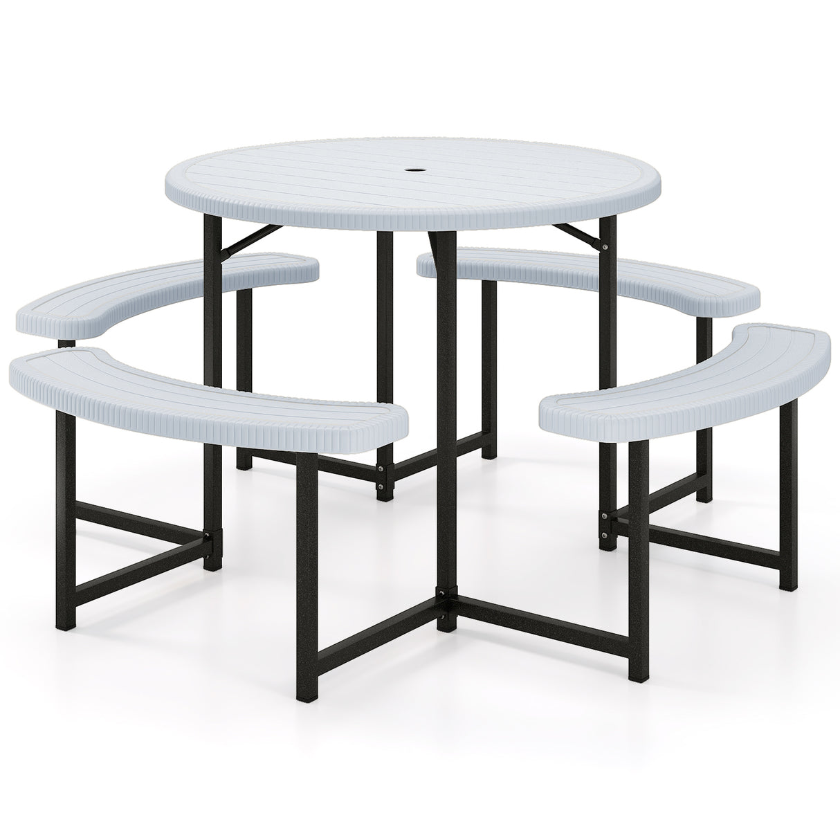 Round Picnic Table Bench Set with 4 Benches and Umbrella Hole for Patio Lawn