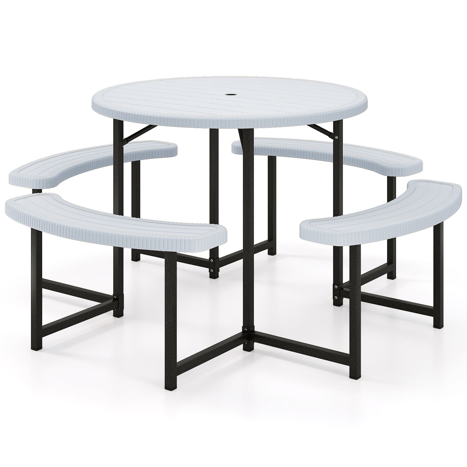 Round Picnic Table Bench Set with 4 Benches and Umbrella Hole for Patio Lawn