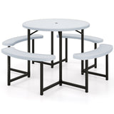 Round Picnic Table Bench Set with 4 Benches and Umbrella Hole for Patio Lawn