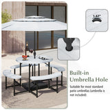 Round Picnic Table Bench Set with 4 Benches and Umbrella Hole for Patio Lawn