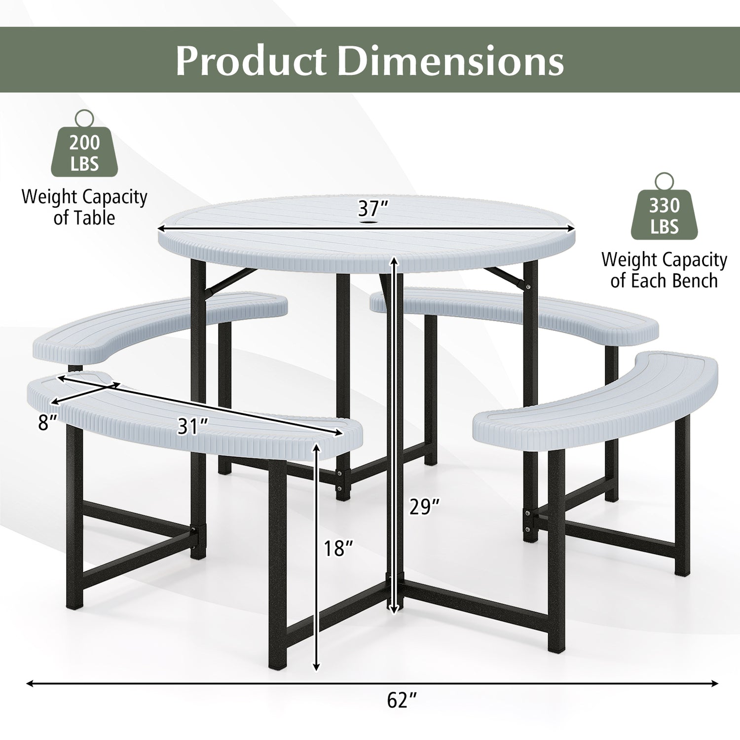 Round Picnic Table Bench Set with 4 Benches and Umbrella Hole for Patio Lawn