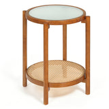 Round Side Table 2-Tier Boho End Table with Tempered Glass Top