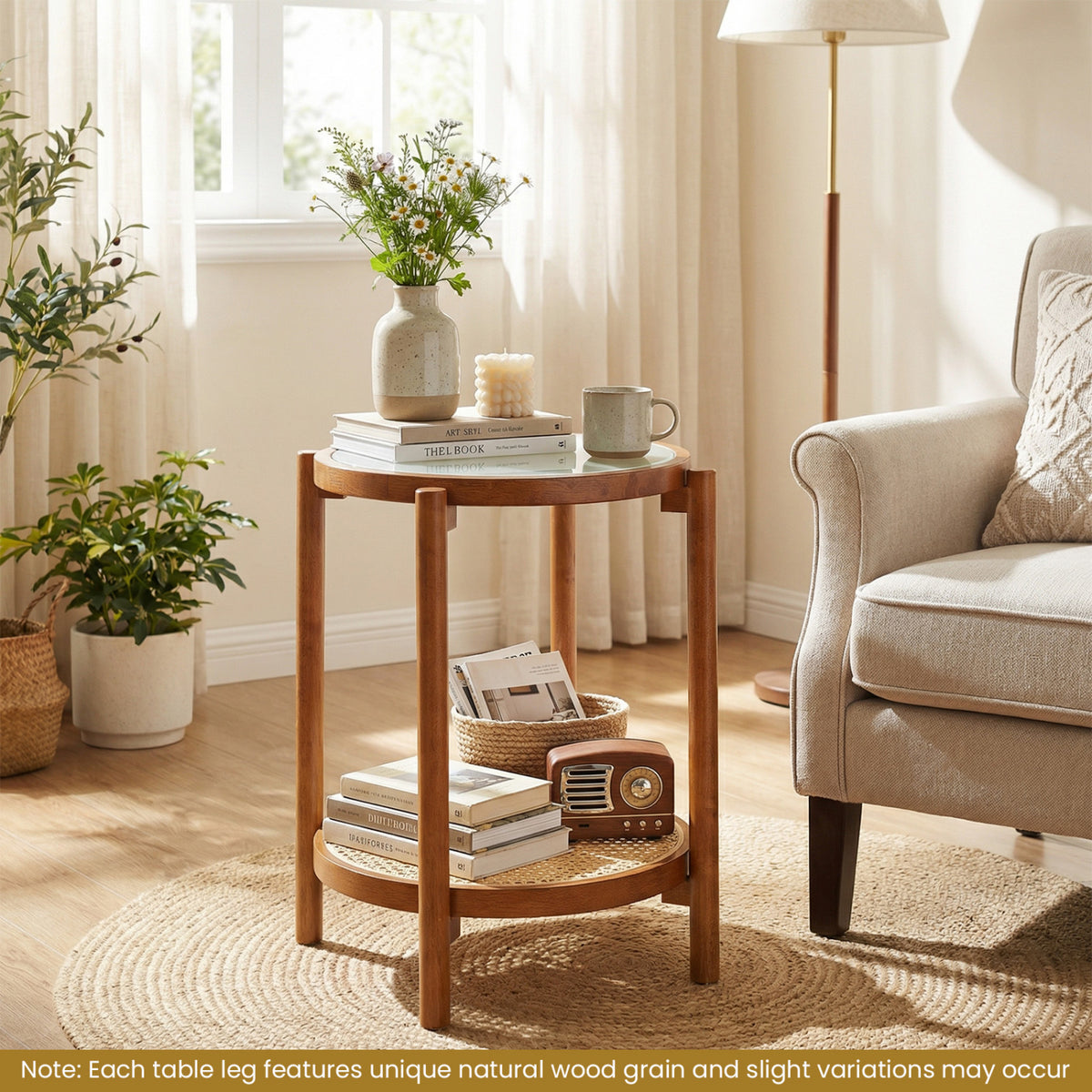 Round Side Table 2-Tier Boho End Table with Tempered Glass Top