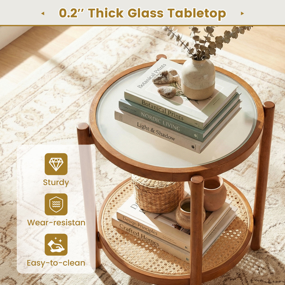 Round Side Table 2-Tier Boho End Table with Tempered Glass Top