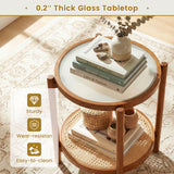 Round Side Table 2-Tier Boho End Table with Tempered Glass Top