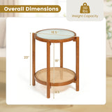 Round Side Table 2-Tier Boho End Table with Tempered Glass Top