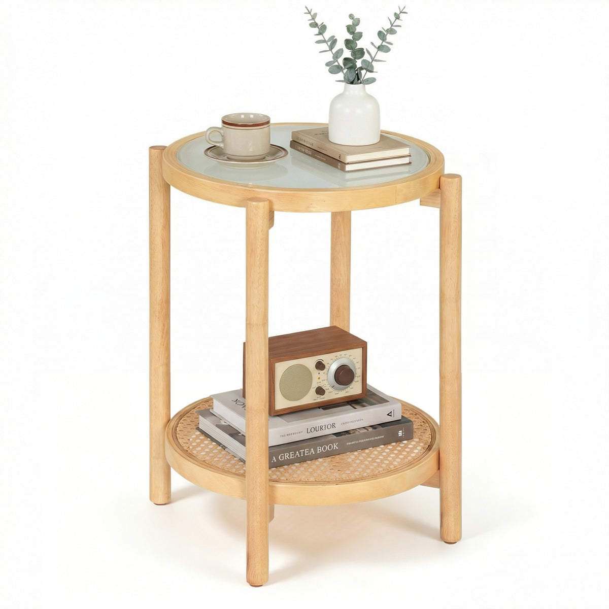 Round Side Table 2-Tier Boho End Table with Tempered Glass Top