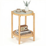 Round Side Table 2-Tier Boho End Table with Tempered Glass Top