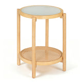 Round Side Table 2-Tier Boho End Table with Tempered Glass Top