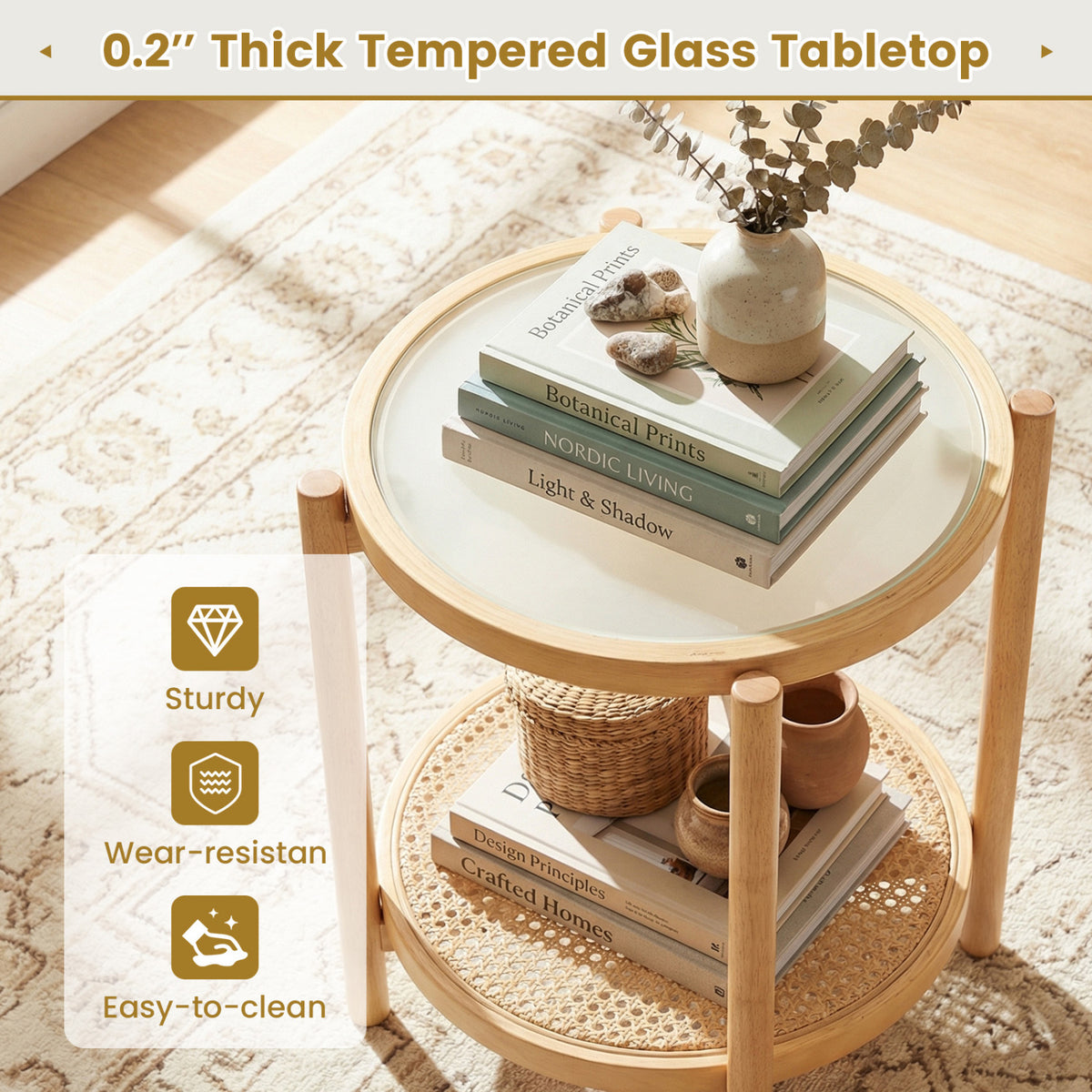 Round Side Table 2-Tier Boho End Table with Tempered Glass Top