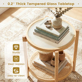 Round Side Table 2-Tier Boho End Table with Tempered Glass Top