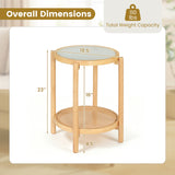Round Side Table 2-Tier Boho End Table with Tempered Glass Top